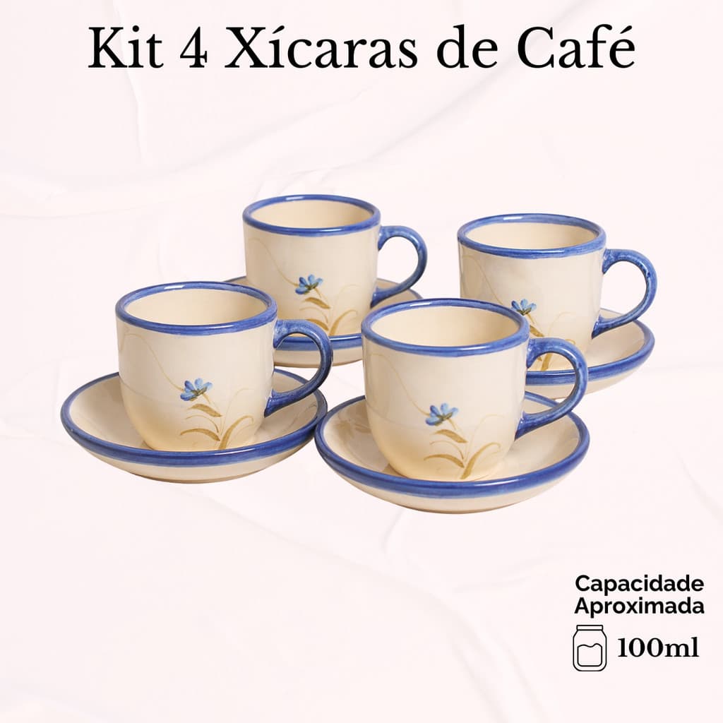 Kit 4 Xícaras Café com pires Cerâmica Pintado à Mão Café da Manhã Decoração Presente Mesa Posta Café da Tarde
