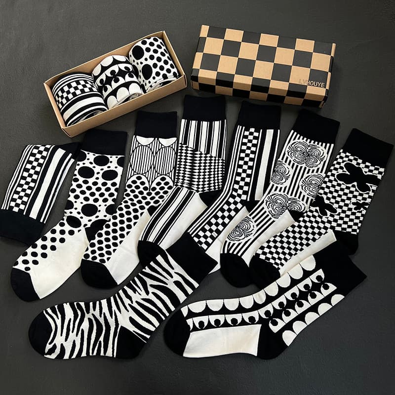3 pares de meias xadrez em caixa outono inverno na moda ins homens mulheres preto branco único criativo xadrez meias de