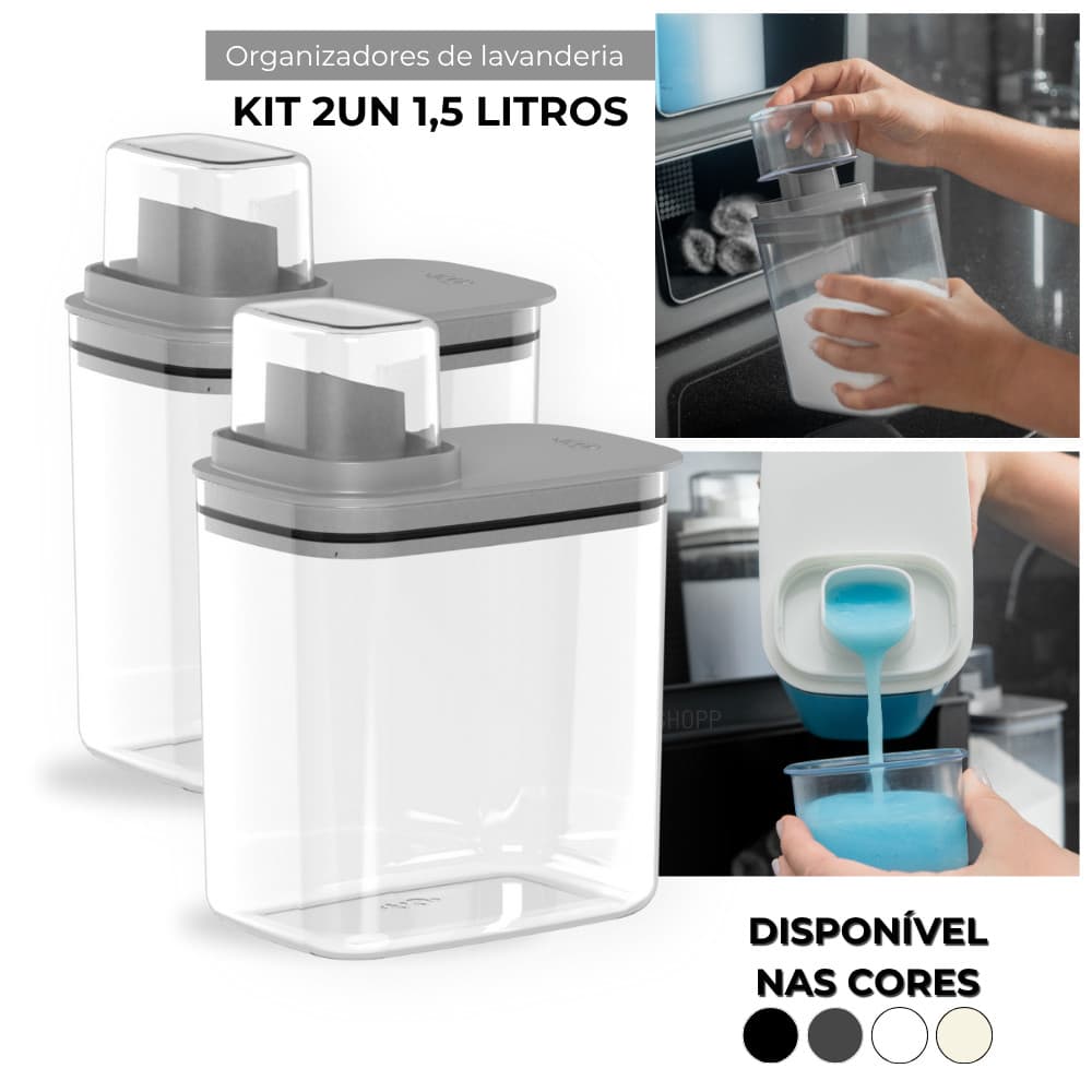 Kit Lavanderia 2 Dispenser 1,5L Pote Medidor Hermético Produtos Limpeza Organizador Flow OU