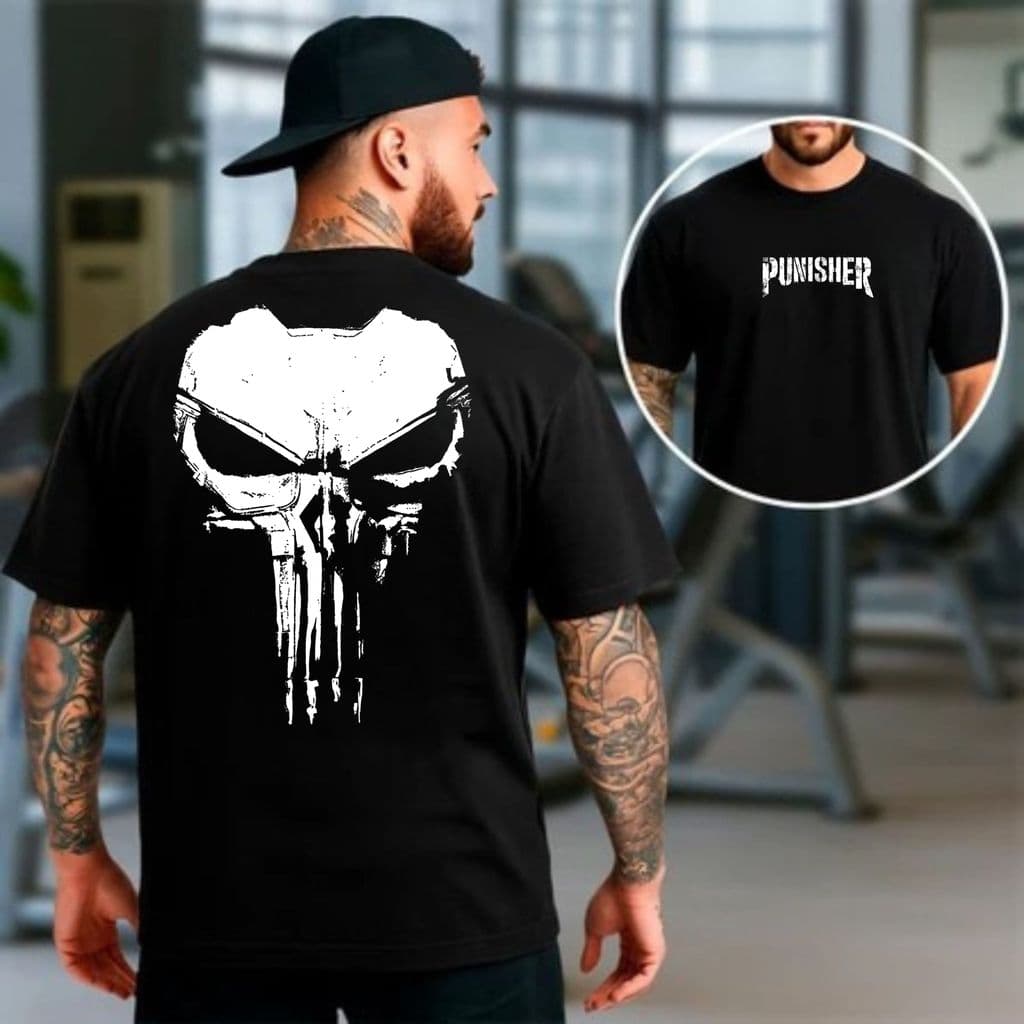 Camiseta masculina Oversized Estampa Caveira Punicher para Academia Musculação camisa Streetwear 100% Algodão
