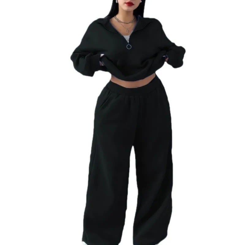 Conjunto de duas peças para mulheres: moletom cropped com zíper e calças de cintura elástica de perna larga, estilo casu