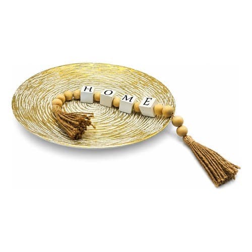 Colar Madeira Tassel 50cm + Bandeja Prato Decoração Boho 30c Bege E Dourado