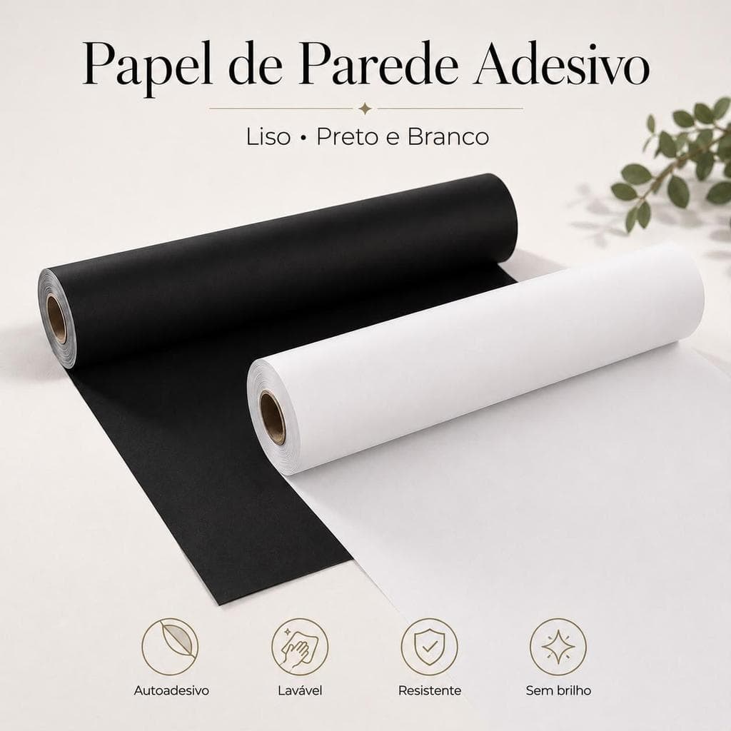 Papel de Parede Adesivo Liso Lavável Fosco Preto Branco