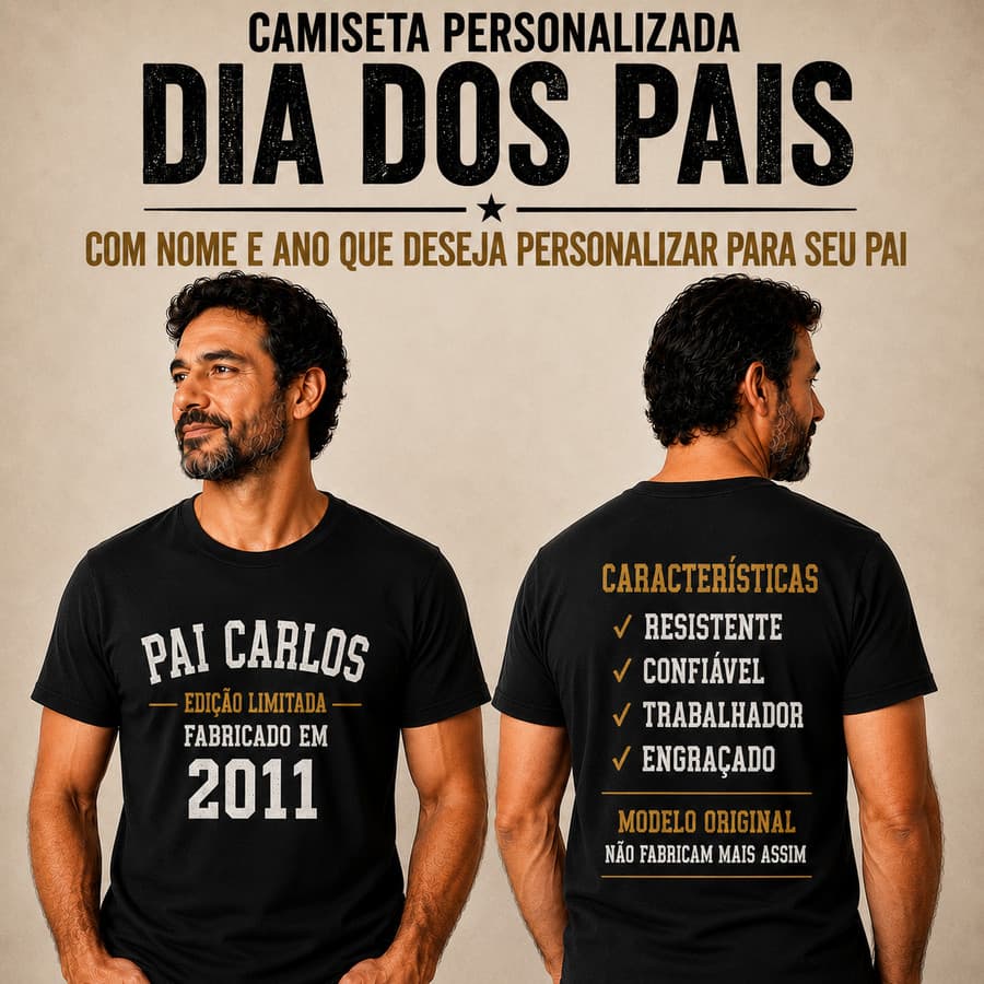 Camiseta Personalizada Dia Dos Pais Com Nome E Ano Do Pai 100% Algodão