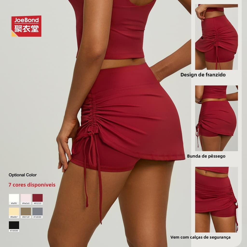 Saia Shorts Esportiva Feminina Cintura Alta Empina Bumbum Antideslizante 2 em 1 para Corrida e Yoga