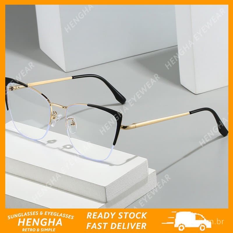 (HENGHA) Óculos Retrô Olho de Gato com Armação de Metal Quadrada, Anti-Luz Azul, Estilo Clássico e Moderno