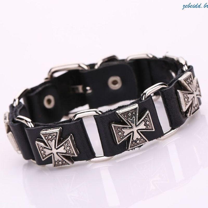 zebeidd Pulseira Masculina Punk Couro Ajustável , Metal Para Punho Cruzado
