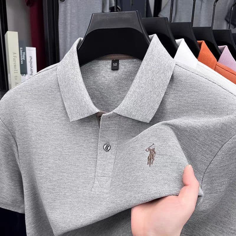 Camisa polo High-End negócios camisa polo de manga curta solta camiseta masculina cor sólida bordado Casual lapela topo2
