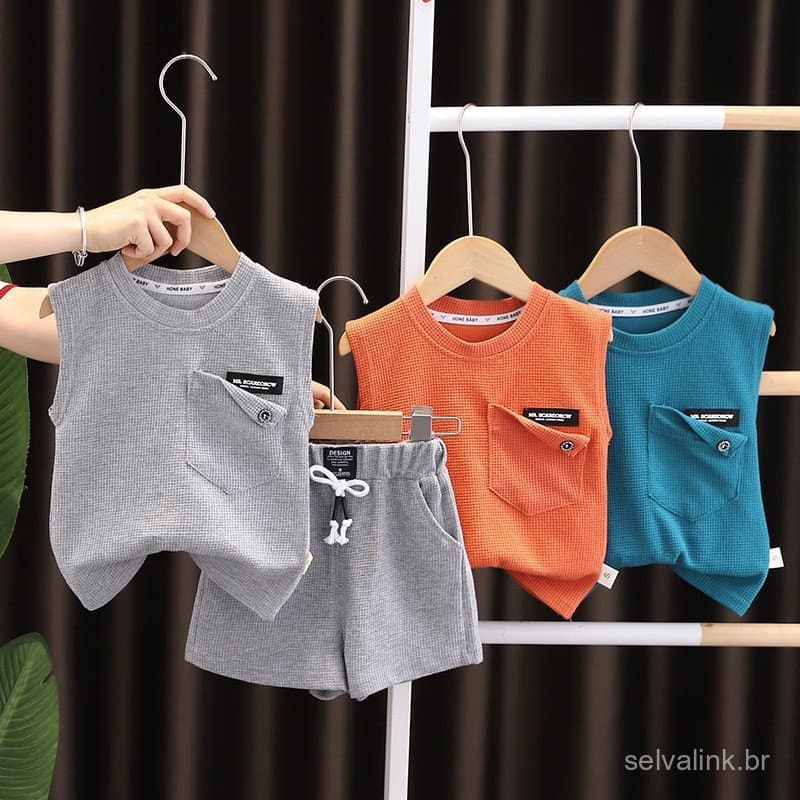 Fato de manga curta para crianças, Fato de verão para menino +Shorts de 2 peças, Roupas para crianças