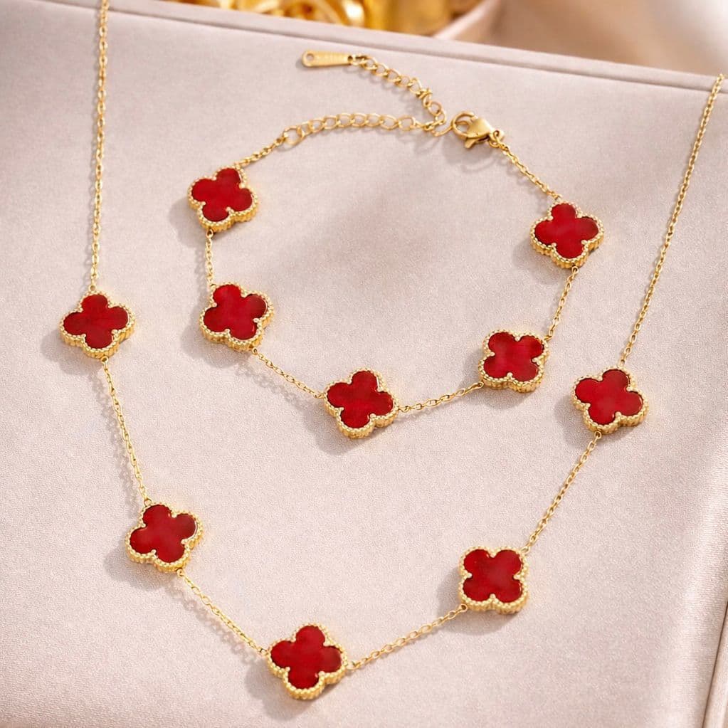 Conjunto Colar e Pulseira Trevo em Aço Inoxidável  Dourado | Preto, Vermelho, Branco e Verde