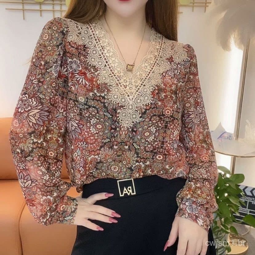 Blusa de Chiffon Plus Size Feminina para o Verão, Camisa Retro de Manga Longa que Combina com Tudo