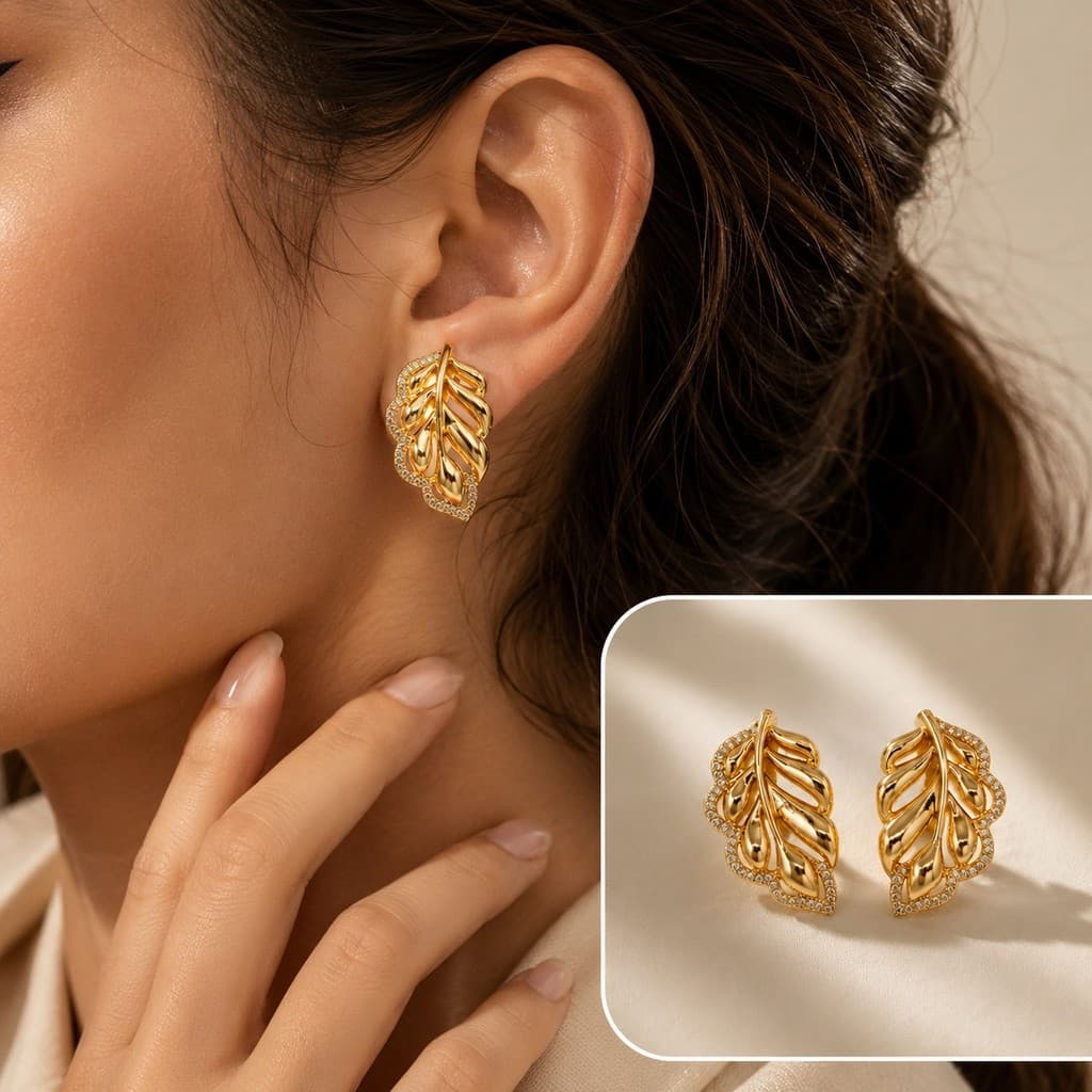 Brinco Feminino Folha Dourada Com Zircônia Cobre Banhado A Ouro Versátil Para Diferentes Looks Do Dia A Dia