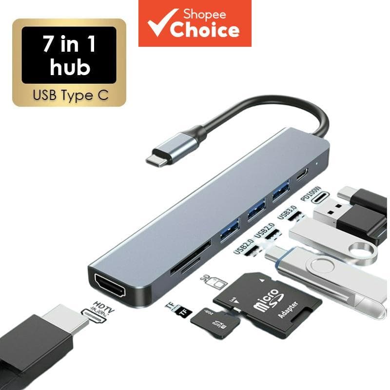 Estação de acoplamento USB C para HDMI, hub com 7 portas, compatível com MacBook, divisor de cartões SD/TF e USB,