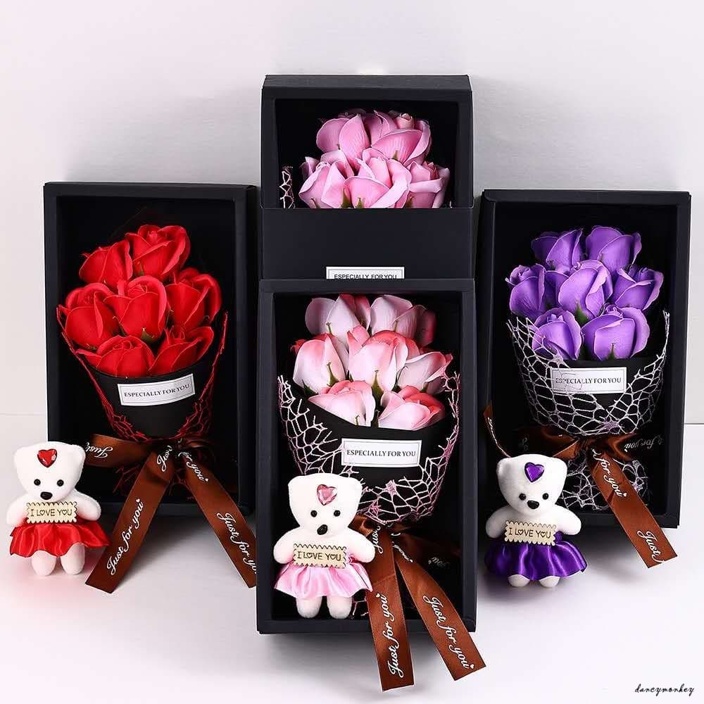 Caixa De Presente De Buquê De Sabonete De 7 Rosas Com Ursinho De Pelúcia-Flores Artificiais Do Dia Dos Namorados , Decor