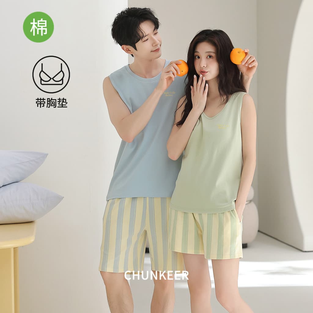 Novo estilo casal estilo de malha pijamas de algodão conjunto com almofada no peito das mulheres dos homens verão colete