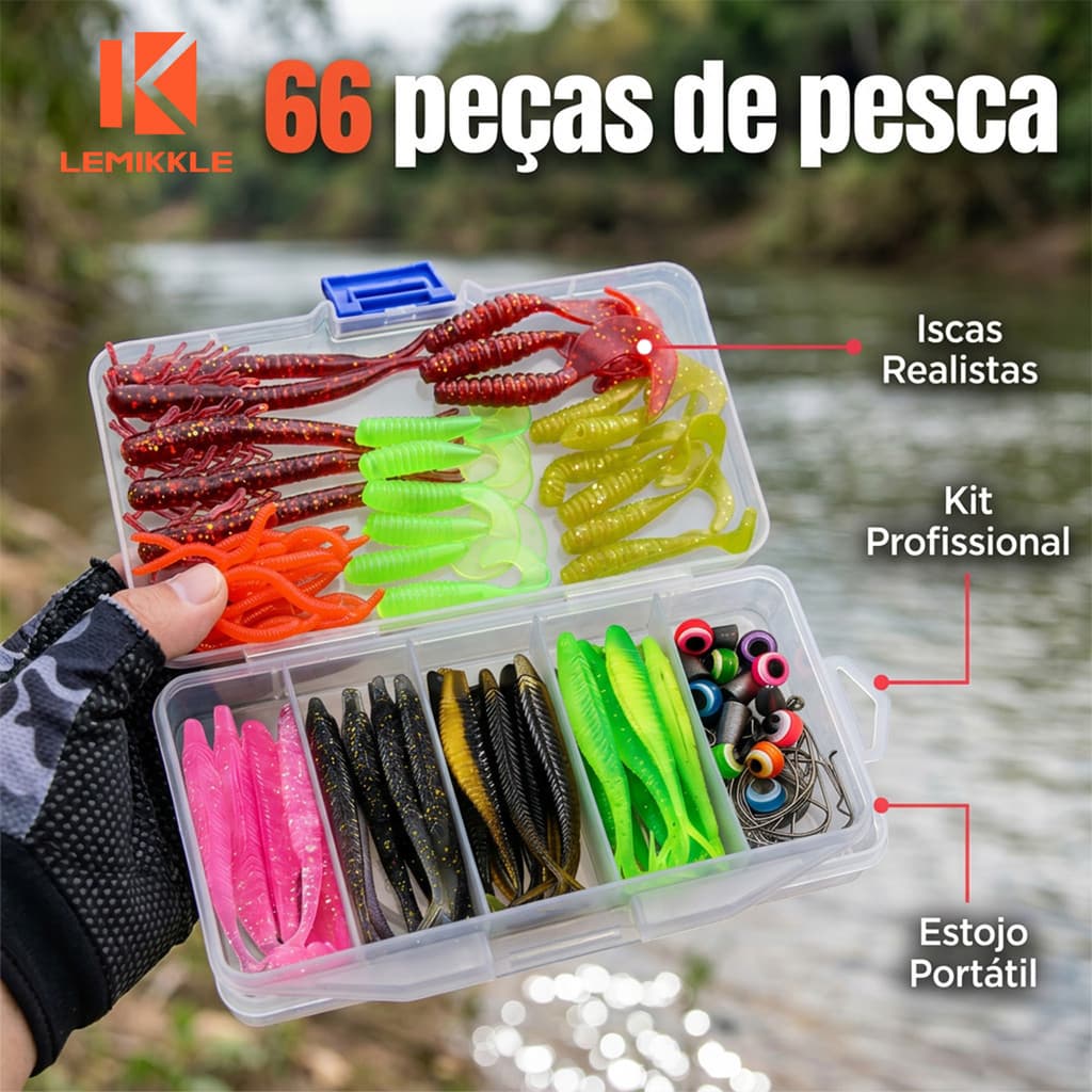 LEMIKKLE - Conjunto de 66 peças de gancho de isca macia de cauda T Para Pesca com isca artificial