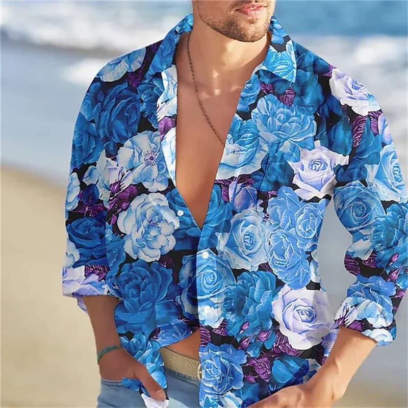 Camisa masculina de manga comprida com estampa 3D de rosas, estilo casual, com lapela, de abotoamento simples, elegante