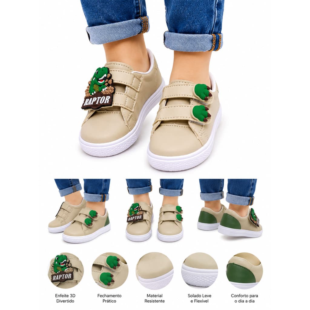 Tênis Infantil Bebê Dinossauro Raptor Creme com Solado Branco Antiderrapante Confortável Casual Menino Sr. Bicudo