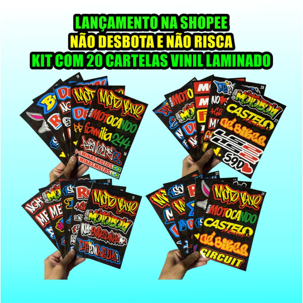 KIT 20 CARTELAS DE ADESIVOS LAMINADAS NÃO RISCA E NÃO DESBOTA LANÇAMENTO ALTA QUALIDADE MOTO CAPACETE BIKE