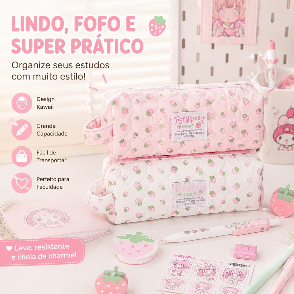 Estojo Kawaii Menina Fofo Morango Grande Capacidade Escolar Porta Lápis Presente Faculdade