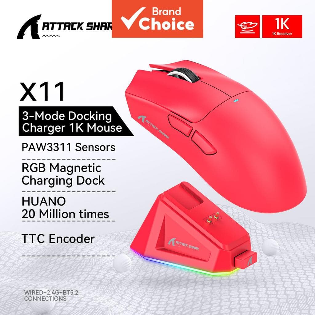 Mouse Gamer Attack Shark X11 Leve, PAW3311, 3 modos (sem fio/Bluetooth/com fio), RGB底部, recarregável