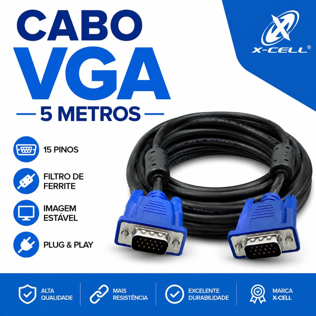 Cabo Vga Macho 5m Com filtro de Ferrite Para Monitor Projetor TV Pc Dvr HD