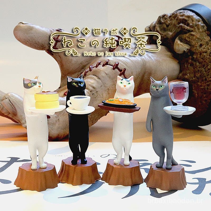 Nova versão japonesa do KITAN: Cat Waiter Pure Tea Gacha - Ornamentos de gato preto e gato malhado servindo chá.