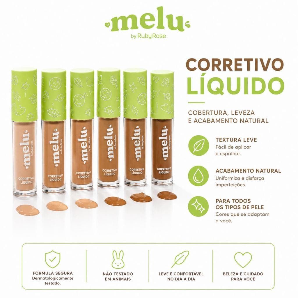 Ruby Rose Corretivo Líquido Melu HB-8104 Cobertura Leve FPS 20 Acabamento Natural 5ml para Todos os Tipos de Pele