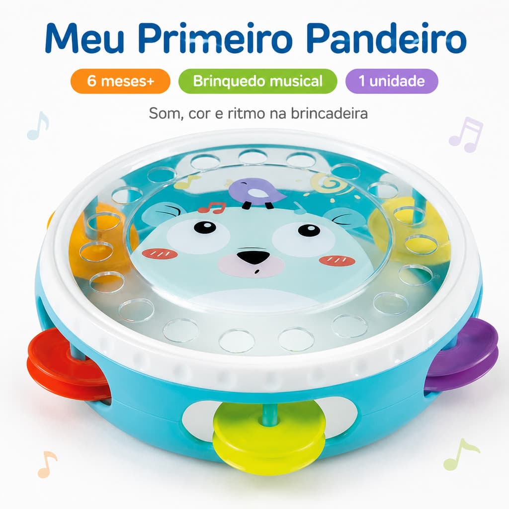 Brinquedo Infantil Buba Meu Primeiro Pandeiro Musical Bebê Sensorial Instrumento Musical Zoo Para Bebê