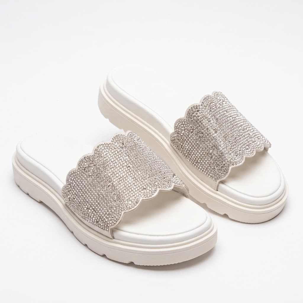 Sandália Feminina Slide Brilho Strass Bico Quadrado Solado Alto Confortável