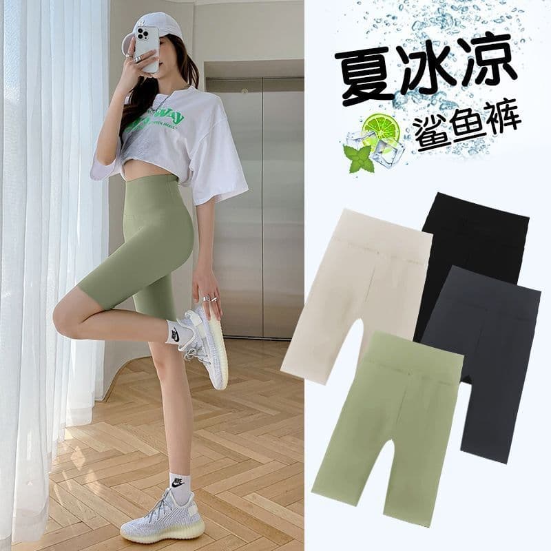 Calças de tubarão de seda gelo feminino cinco pontos ciclismo Shorts exterior Wear verão fino cintura alta abdômen-estre