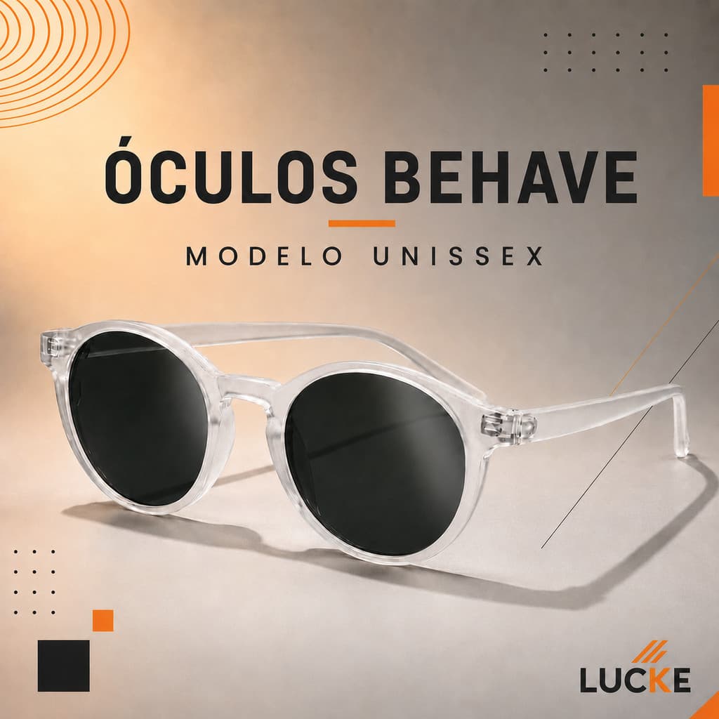 Óculos de Sol Redondo Unissex Behave Armação Transparente ou Fosca Lente Preta e Marrom