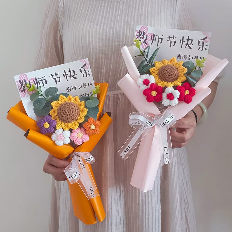 Presente para o Dia do Professor: Buquê de girassóis feito à mão, flores de fio tricotadas para professores, flores arti