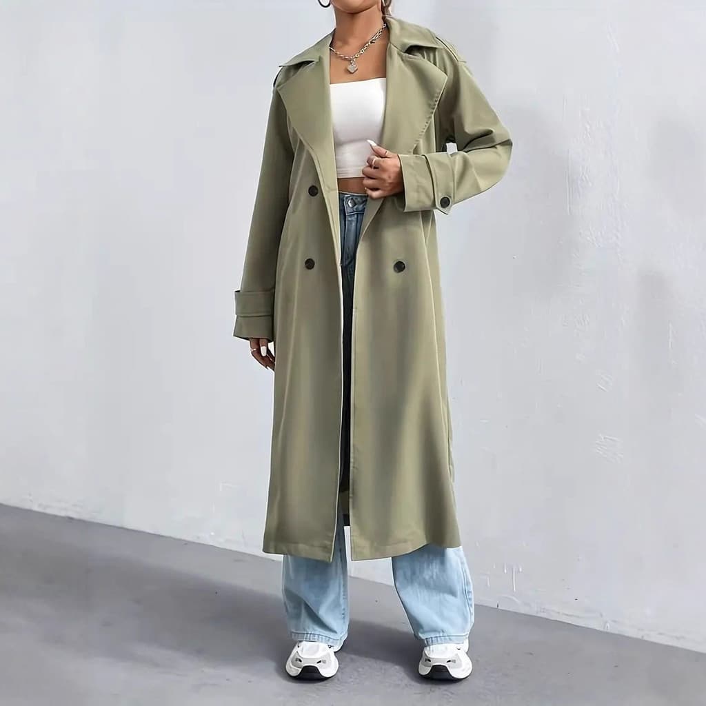 Elegante Casual comprimento médio lapela duplo Breasted blusão jaqueta casaco feminino