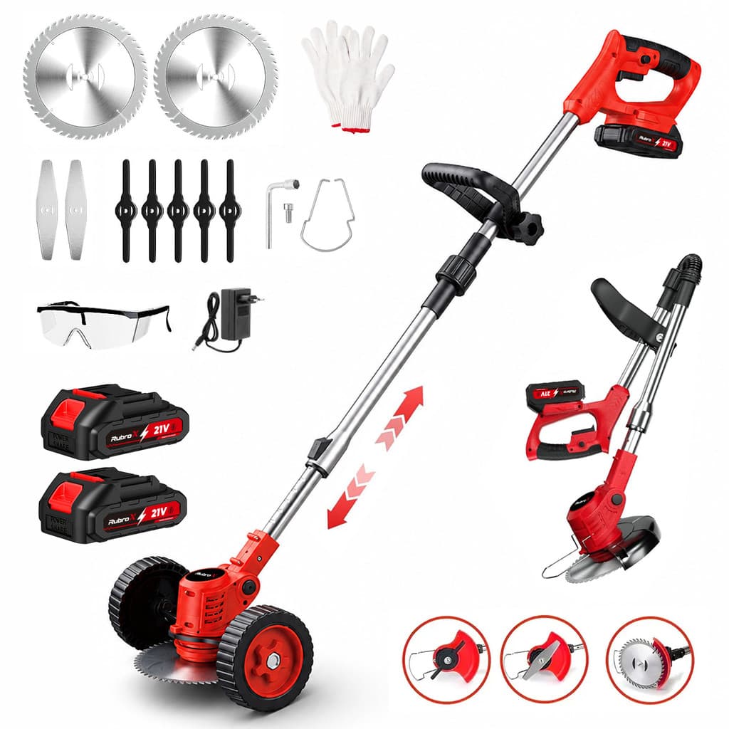 RubroX Electric Brushcutter Rechargeable Electric Lawn Mower With 2 Cordless Batteries 21V