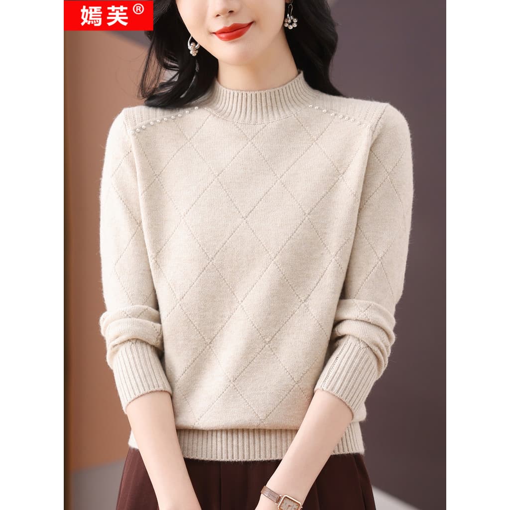 Yanfu novo estilo camisola de cor sólida feminina outono inverno meia gola alta camisa de fundo diamante moda camisola e