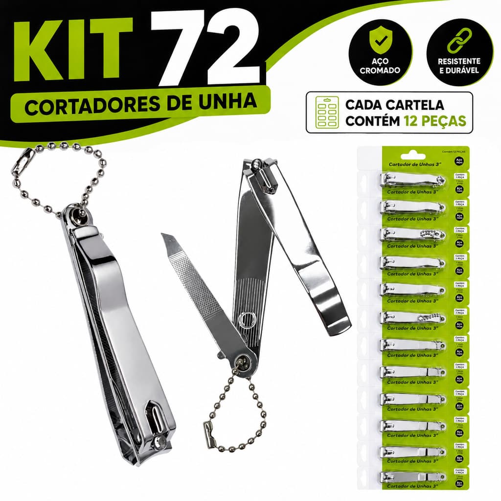Kit 72/60/48/24 Cortador de Unha Grande com Lixa Integrada em Aço Cromado Atacado Cartela Atacado