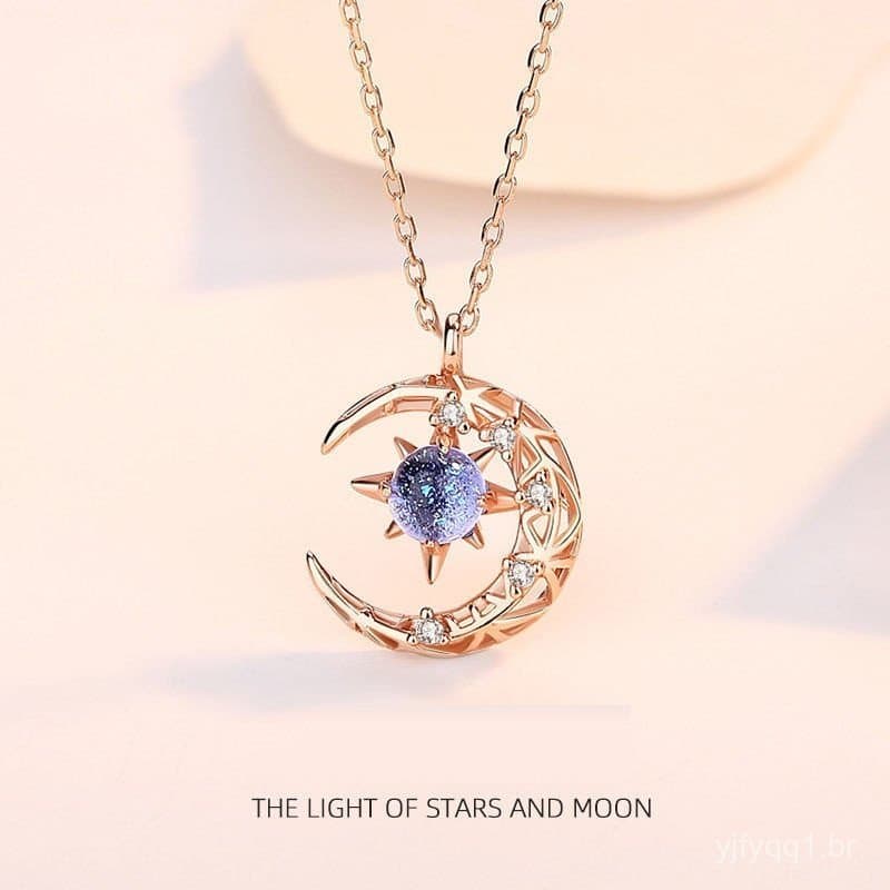 Colar Elegante com Pingentes de Estrela e Lua, Corrente de Strass para Clavícula, Joia Feminina
