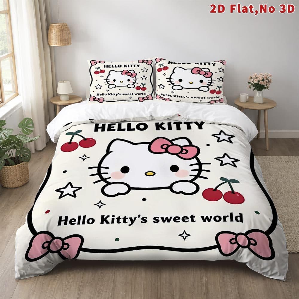 Conjunto de 3 peças 2D plano desenho animado Hello Kitty tema roupa de cama | Design elegante respirável, capa de edredã