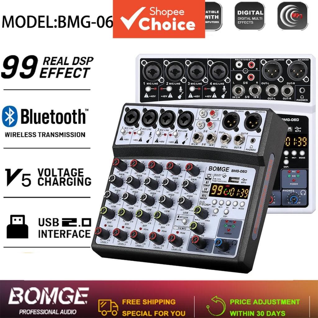 BOMGE Interface de Mixer de Som de Áudio Profissional DJ 6 Canais MP3 USB Bluetooth 99DSP Pro HiFi