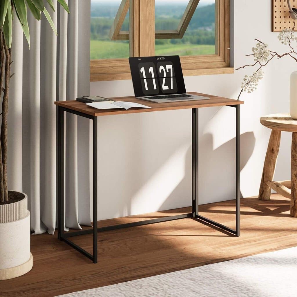 Escrivaninha Mesa Escritório Mesa Dobrável Office e Estudo Pés Metal 90cm Industrial Executive Nogal e Preto Marrom