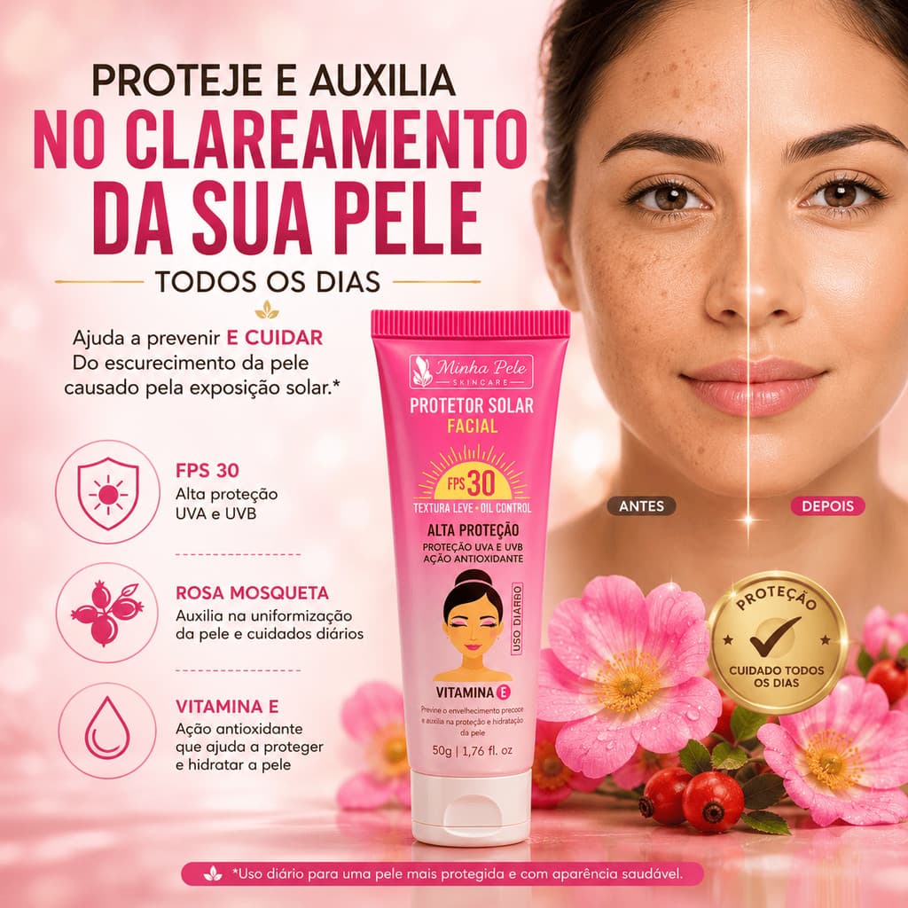 Protetor Solar Facial fps 30 com Rosa Mosqueta e Vitamina E Clareia e Protege 50g