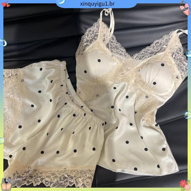 Verão novo estilo leite bolinhas estilingue renda gelo seda pijamas dormitório fino Casual doce Homewear