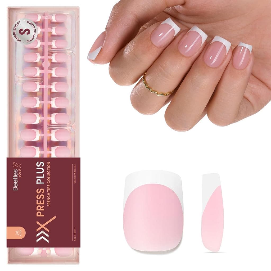 Unhas Postiças Beetles French Tips: 150 Peças de Unhas Postiças Quadradas Curtas Rosa, Unhas Falsas de Gel Macio, Presen