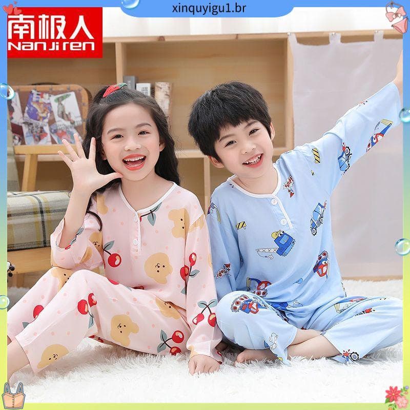 Pijama infantil de verão antártico, fino, manga comprida, algodão, seda, ar condicionado, médio, grande, meninos, menin