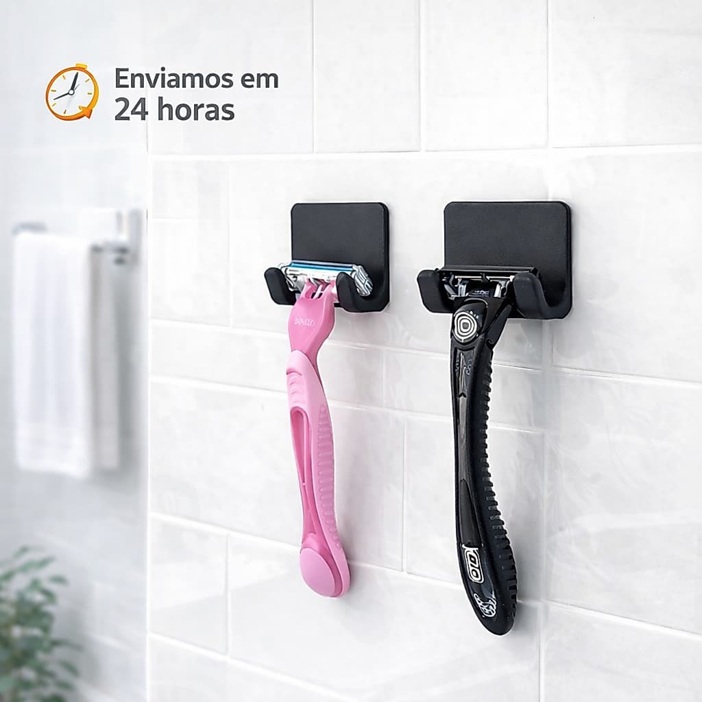 Suporte Para Barbeador Porta Gilete Gillette Prestobarba Parede Sem Furo Fita 3M Preto Banheiro