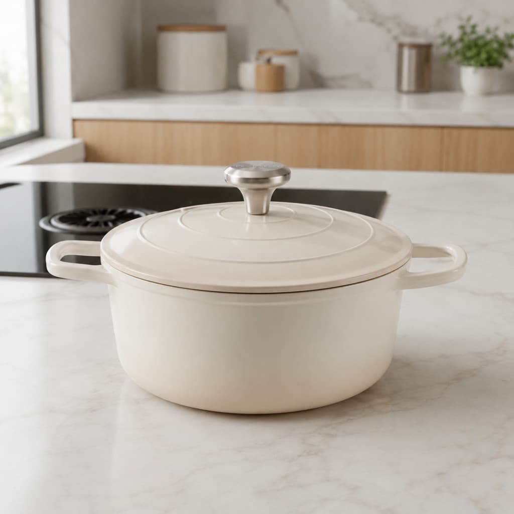 Panela Caçarola 20cm Creme Antiaderente Premium Tacho Esmaltado Fogão e Forno Mesa Posta Requintada Luxo Almoço Jantar