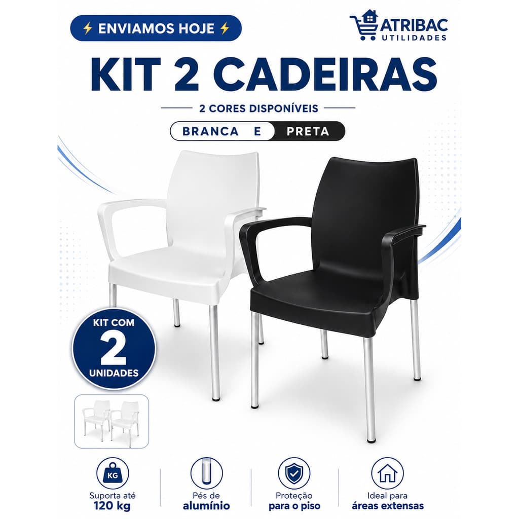 Kit 2 Poltronas Pés de Alumínio Jantar Área Externa Escritório Cozinha Varanda Jardim Modernas Resistentes Confortáveis