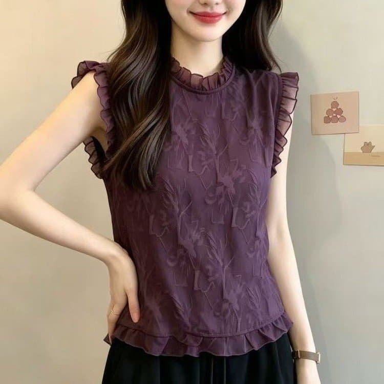 Verão fungo borda sem mangas camisa feminina solta mais magro olhar estilo ocidental camisa pequena roxo Chiffon topo Al