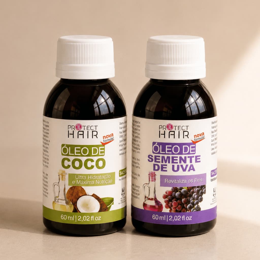 2 Óleos vegetais Capilares 60ml Protect Hair - Coco e Semente de Uva